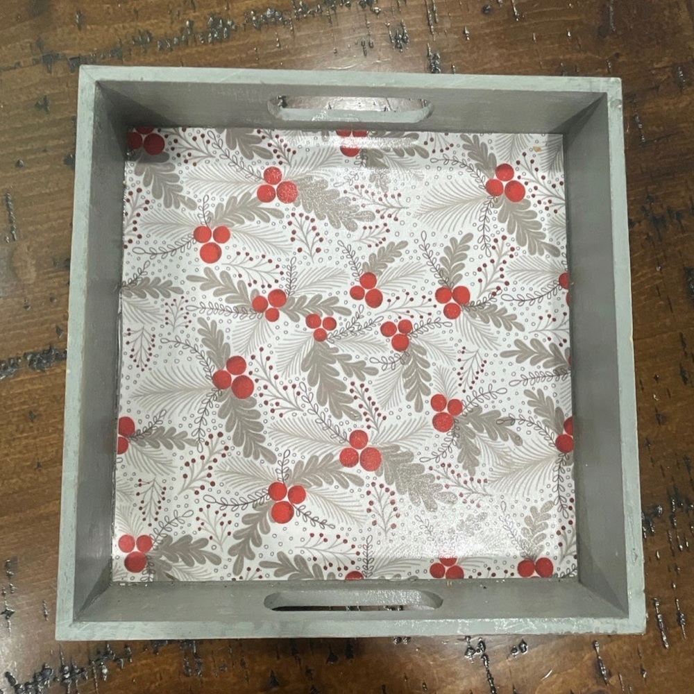 Gray Distressed Wood Berries Christmas Tray Handmade